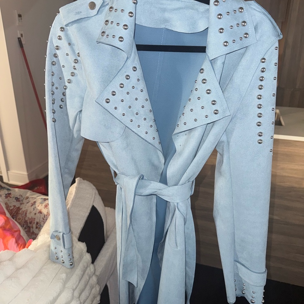Studded Light Blue Women's Trench Coat